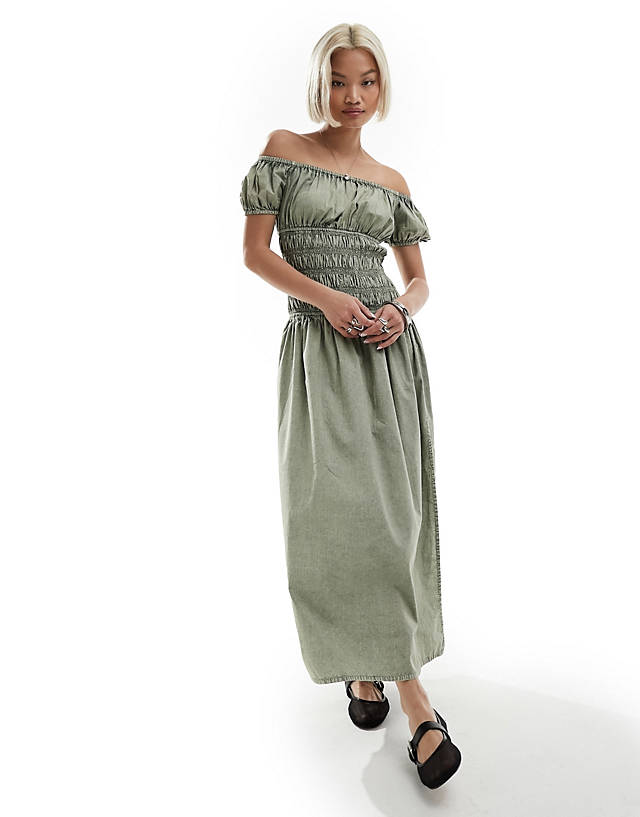Reclaimed Vintage - shirred waist maxi dress in washed khaki