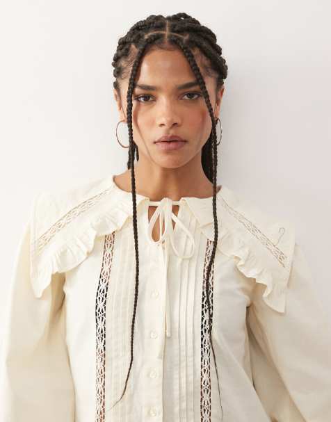 Reclaimed Vintage shirt with collar and lace inserts in cream - view 1