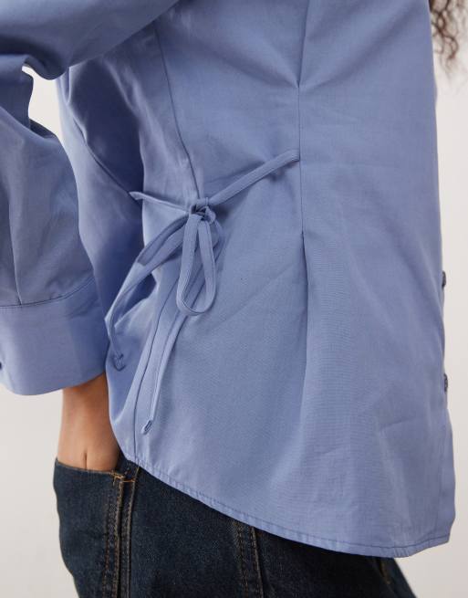 Reclaimed Vintage shirt with ruching adjustable fitted tie detail in blue, 3 of 4