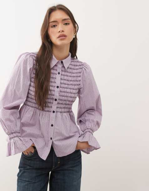 Reclaimed Vintage shirt with shirring detail in pink stripe - view 1
