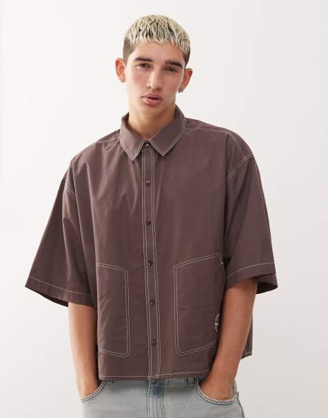 Reclaimed Vintage short sleeve boxy crop shirt with contrast stitching in brown