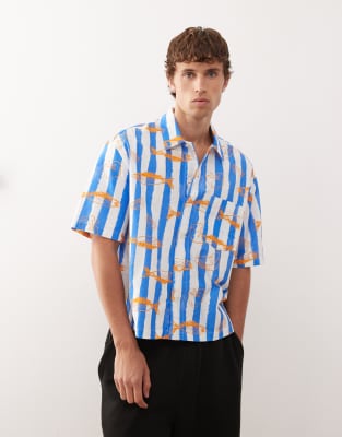 Reclaimed Vintage short sleeve boxy shirt in blue and white stripes with fish print-Multi