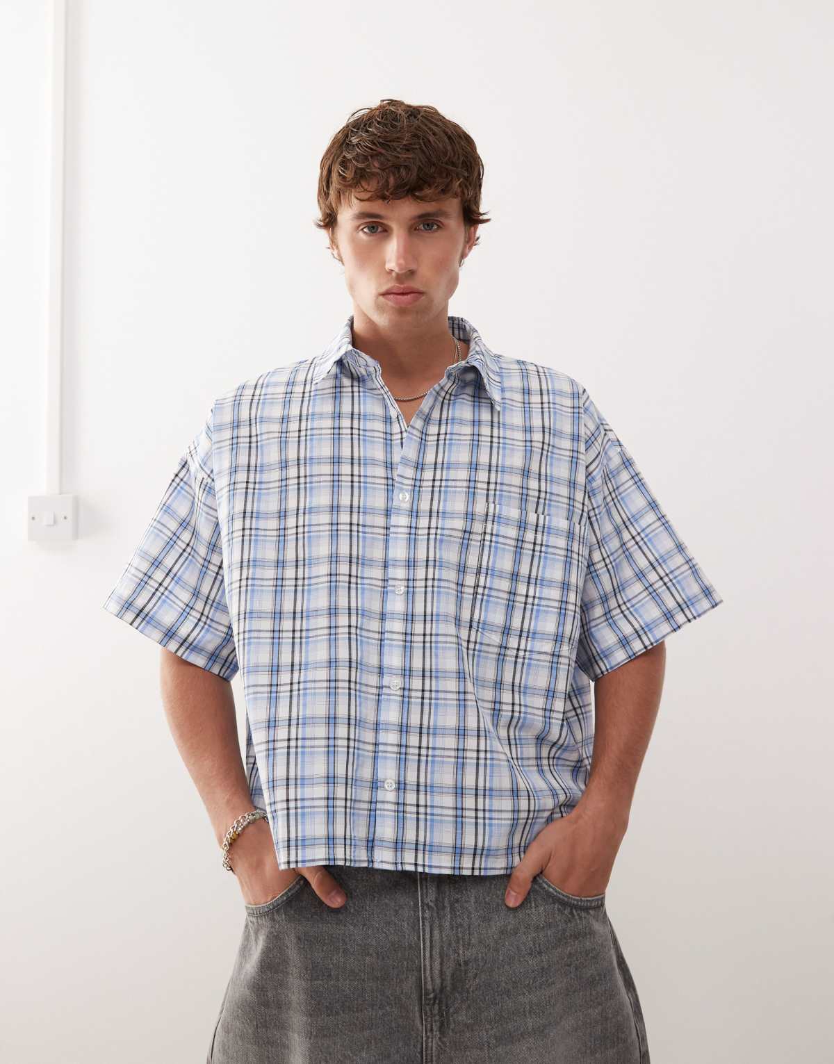 Reclaimed Vintage short sleeve boxy shirt in blue check