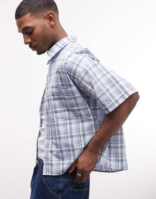 Reclaimed Vintage short sleeve boxy shirt in blue check, 4 of 5