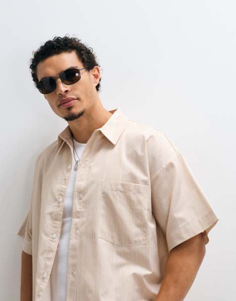 Reclaimed Vintage short sleeve boxy shirt in camel striped print - view 1