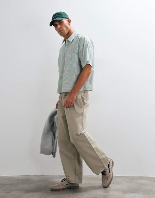 Reclaimed Vintage short sleeve boxy shirt in khaki stripe, 2 of 5