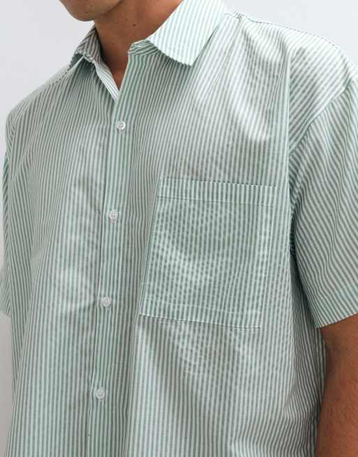 Reclaimed Vintage short sleeve boxy shirt in khaki stripe, 4 of 5
