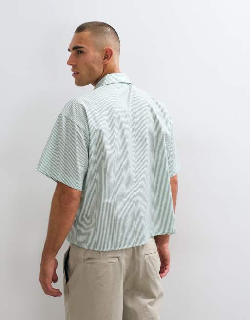 Reclaimed Vintage short sleeve boxy shirt in khaki stripe, 5 of 5