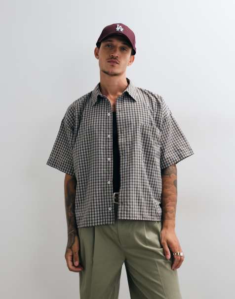 Reclaimed Vintage short sleeve boxy shirt in stone check - view 1