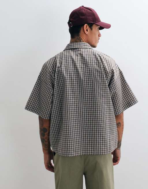 Reclaimed Vintage short sleeve boxy shirt in stone check, 3 of 5