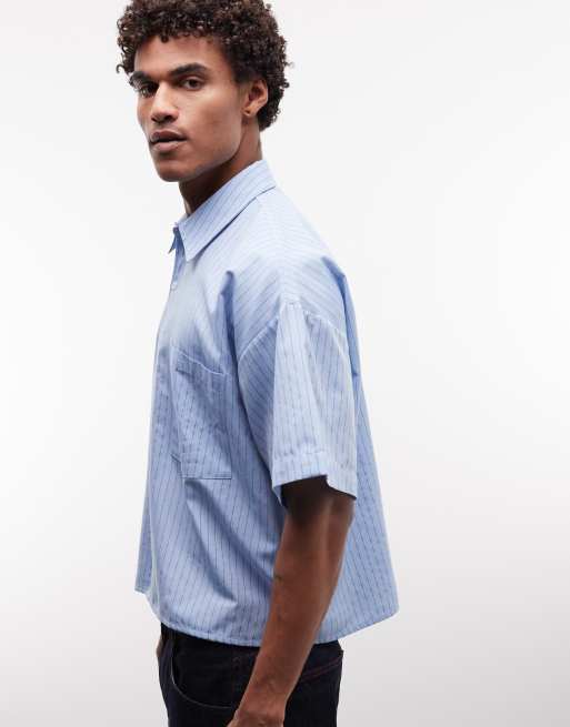 Reclaimed Vintage short sleeve boxy shirt in washed blue stripe, 4 of 5