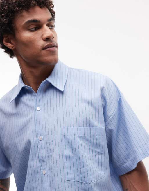 Reclaimed Vintage short sleeve boxy shirt in washed blue stripe, 5 of 5