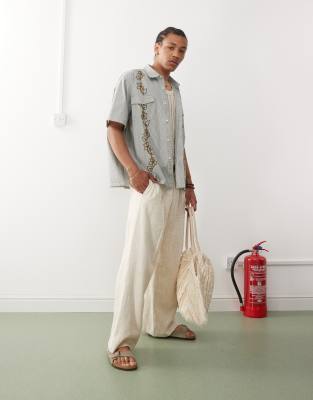 Reclaimed Vintage short sleeve boxy shirt with floral vine embroidery in green stripe-Multi