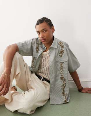 Reclaimed Vintage short sleeve boxy shirt with floral vine embroidery in green stripes - view 1