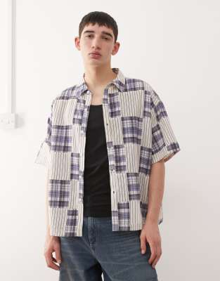 Reclaimed Vintage Short Sleeve Boxy Shirt With Spliced Stripes And Plaid-multi