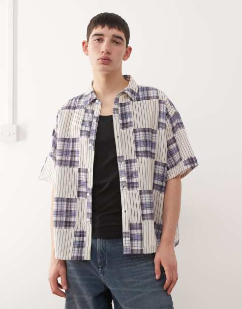 Reclaimed Vintage short sleeve boxy shirt with spliced stripes and plaid - view 1