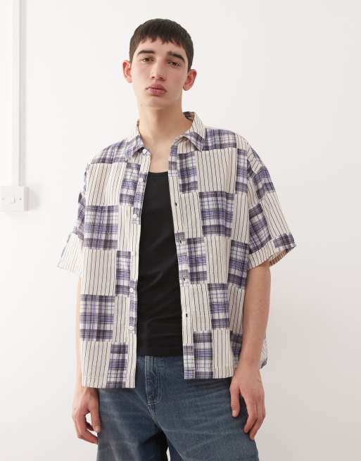 Reclaimed Vintage short sleeve boxy shirt with spliced stripes and plaid