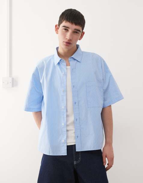 Reclaimed Vintage short sleeve crop boxy shirt in blue and white pinstripe - view 1