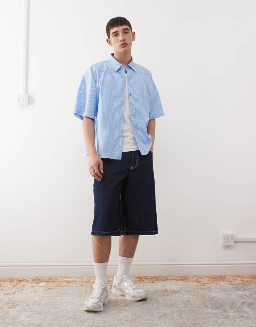 Reclaimed Vintage short sleeve crop boxy shirt in blue and white pinstripe, 2 of 5