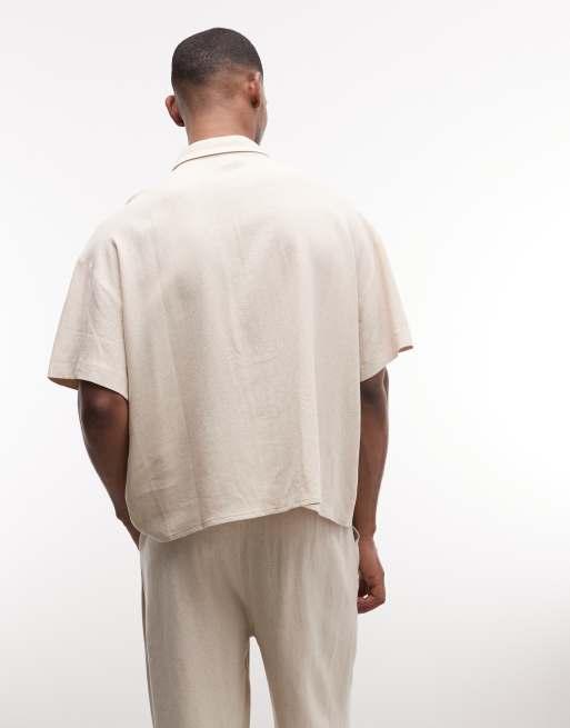 Reclaimed Vintage short sleeve cropped boxy linen blend shirt in neutral, 3 of 5