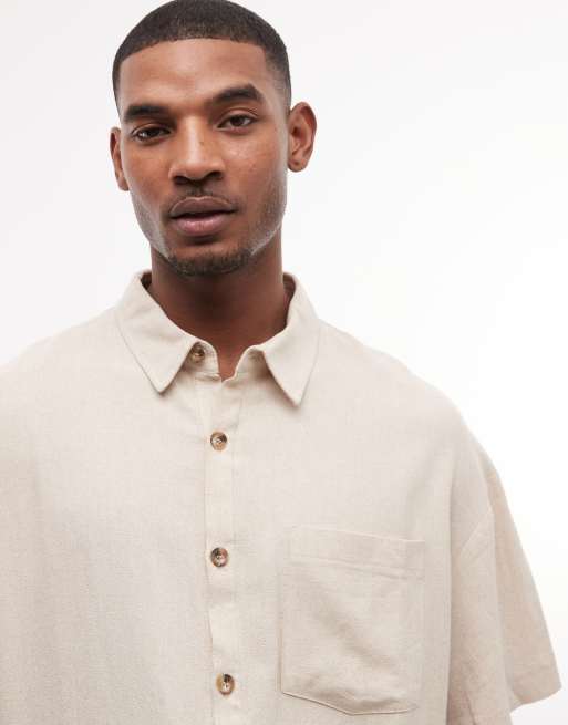 Reclaimed Vintage short sleeve cropped boxy linen blend shirt in neutral, 4 of 5