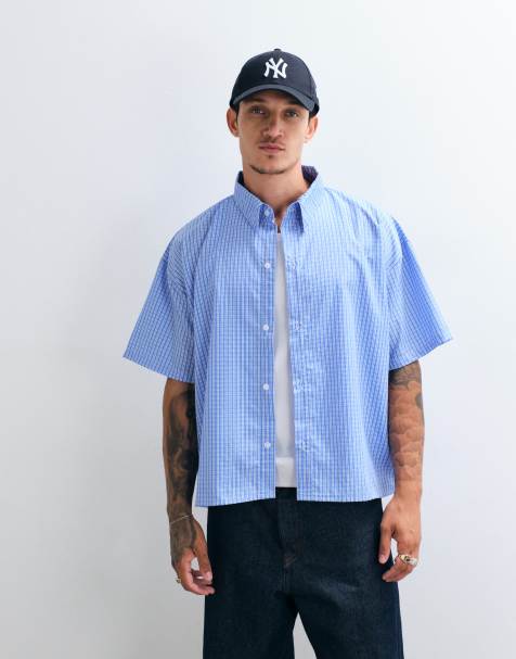 Reclaimed Vintage short sleeve cropped boxy shirt in blue check - view 1