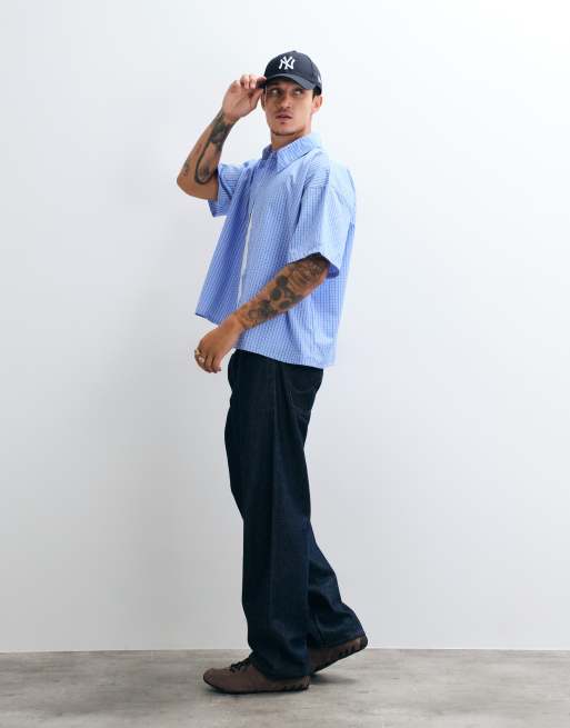 Reclaimed Vintage short sleeve cropped boxy shirt in blue check, 2 of 5