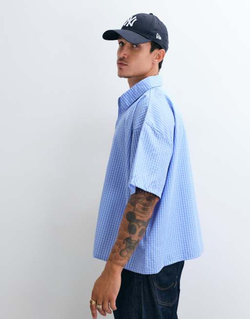 Reclaimed Vintage short sleeve cropped boxy shirt in blue check, 3 of 5