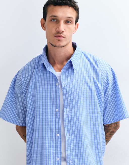 Reclaimed Vintage short sleeve cropped boxy shirt in blue plaid, 4 of 5