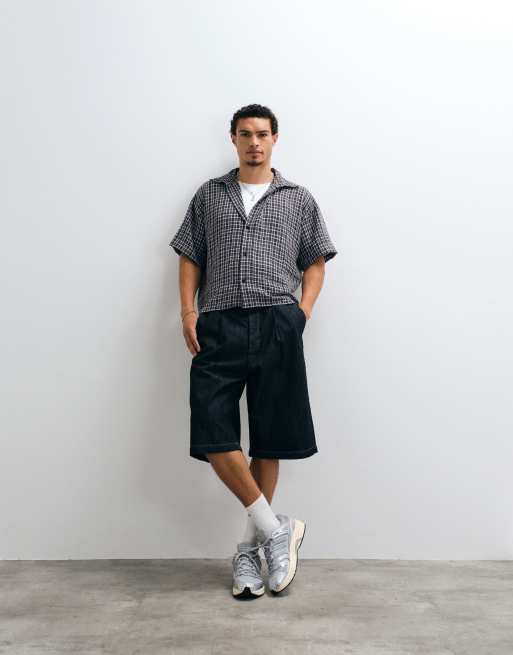 Reclaimed Vintage short sleeve cropped boxy shirt in chocolate check, 2 of 5