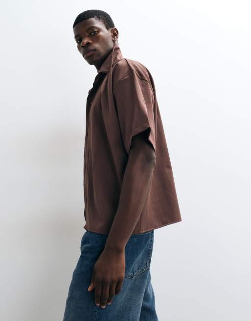Reclaimed Vintage short sleeve cropped boxy shirt in mocha pinstripe, 3 of 5