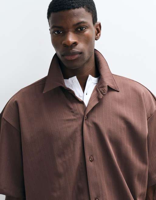 Reclaimed Vintage short sleeve cropped boxy shirt in mocha pinstripe, 4 of 5