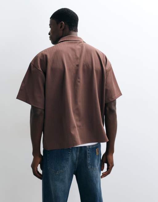 Reclaimed Vintage short sleeve cropped boxy shirt in mocha pinstripe, 5 of 5