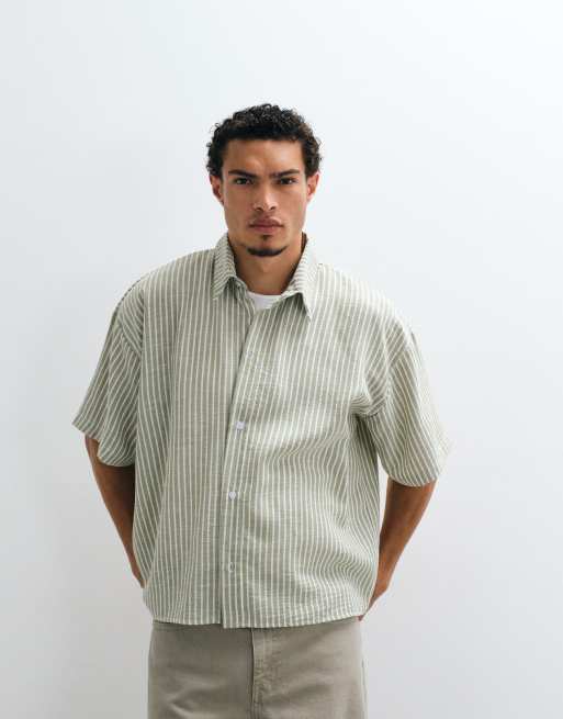 Reclaimed Vintage short sleeve cropped boxy shirt in olive pinstripe