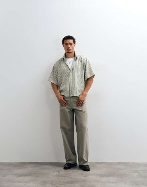 Reclaimed Vintage short sleeve cropped boxy shirt in olive pinstripe, 2 of 5