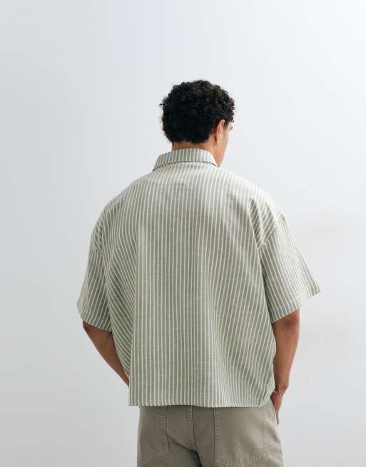 Reclaimed Vintage short sleeve cropped boxy shirt in olive pinstripe, 3 of 5