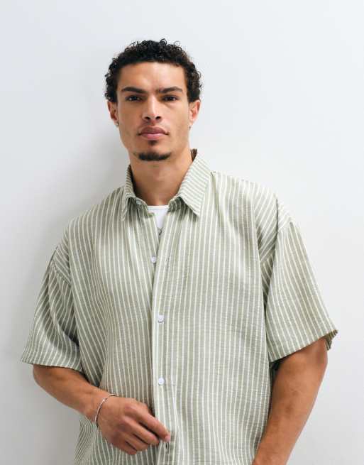 Reclaimed Vintage short sleeve cropped boxy shirt in olive pinstripe, 4 of 5