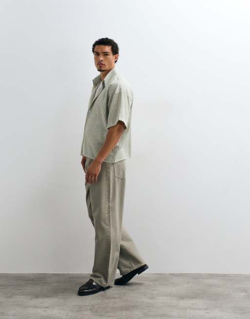 Reclaimed Vintage short sleeve cropped boxy shirt in olive pinstripe, 5 of 5