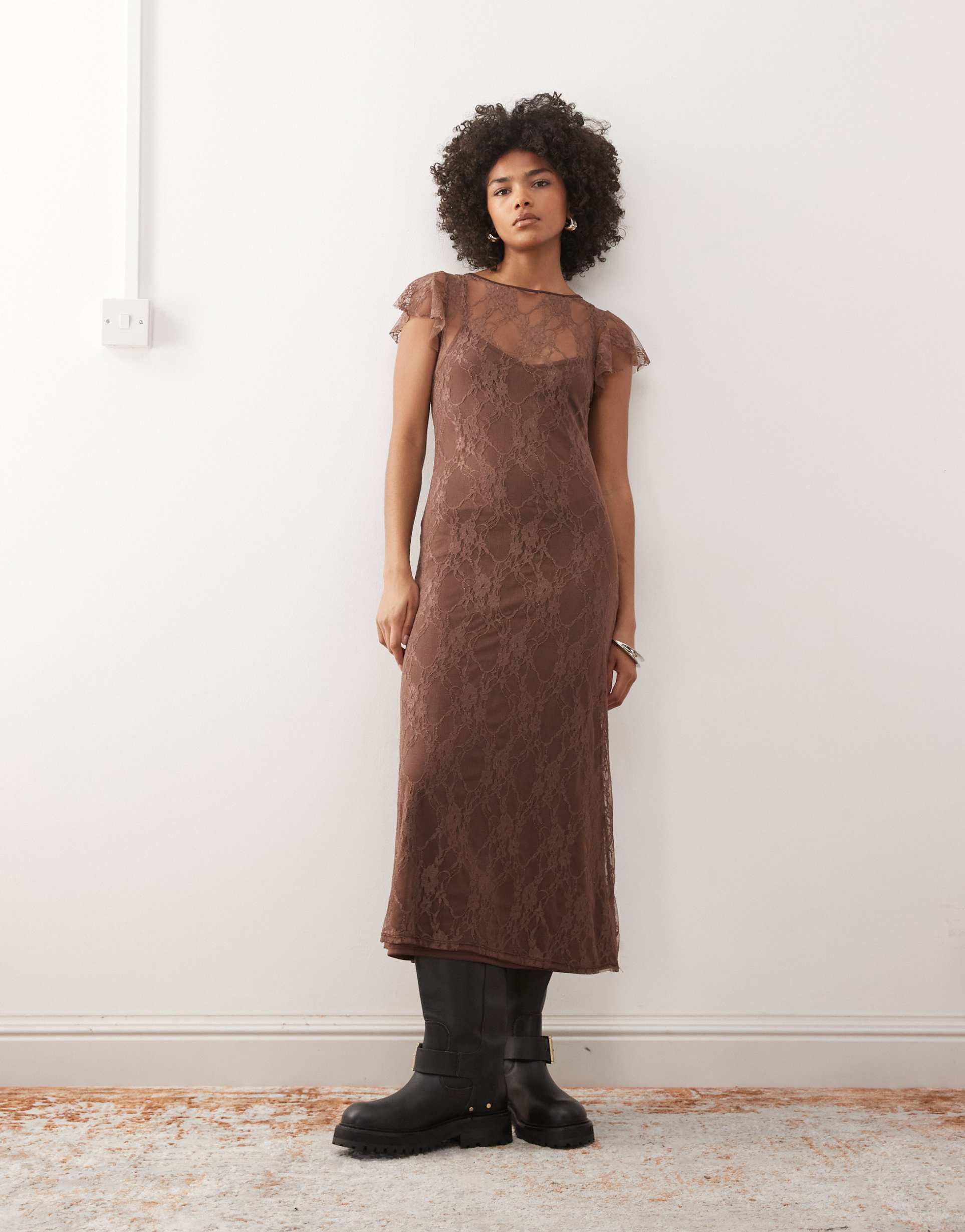 reclaimed vintage short sleeve lace midi dress in chocolate brown