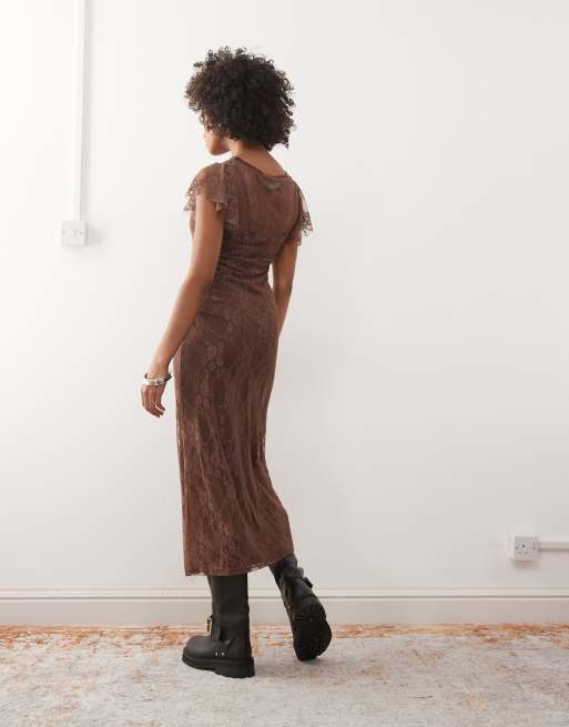 Reclaimed Vintage short sleeve lace midi dress in chocolate brown