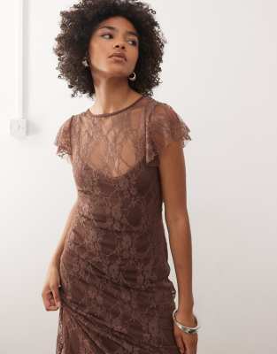 Reclaimed Vintage Short Sleeve Lace Midi Dress in Chocolate Brown Reclaimed Vintage short sleeve lace midi dress in chocolate brown | ASOS