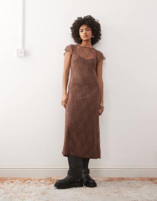 Reclaimed Vintage Short Sleeve Lace Midi Dress In Brown