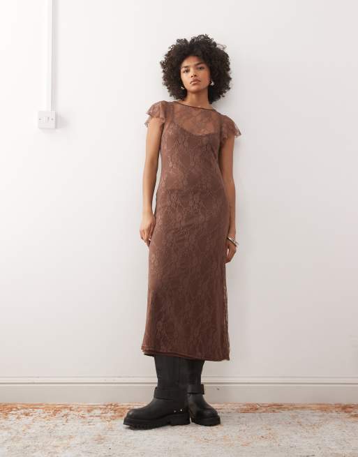 Reclaimed Vintage short sleeve lace midi dress in chocolate