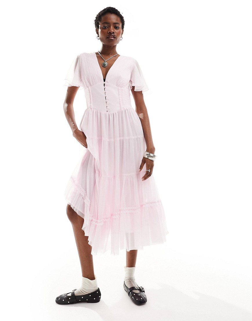 short sleeve maxi dress in pink-Multi
