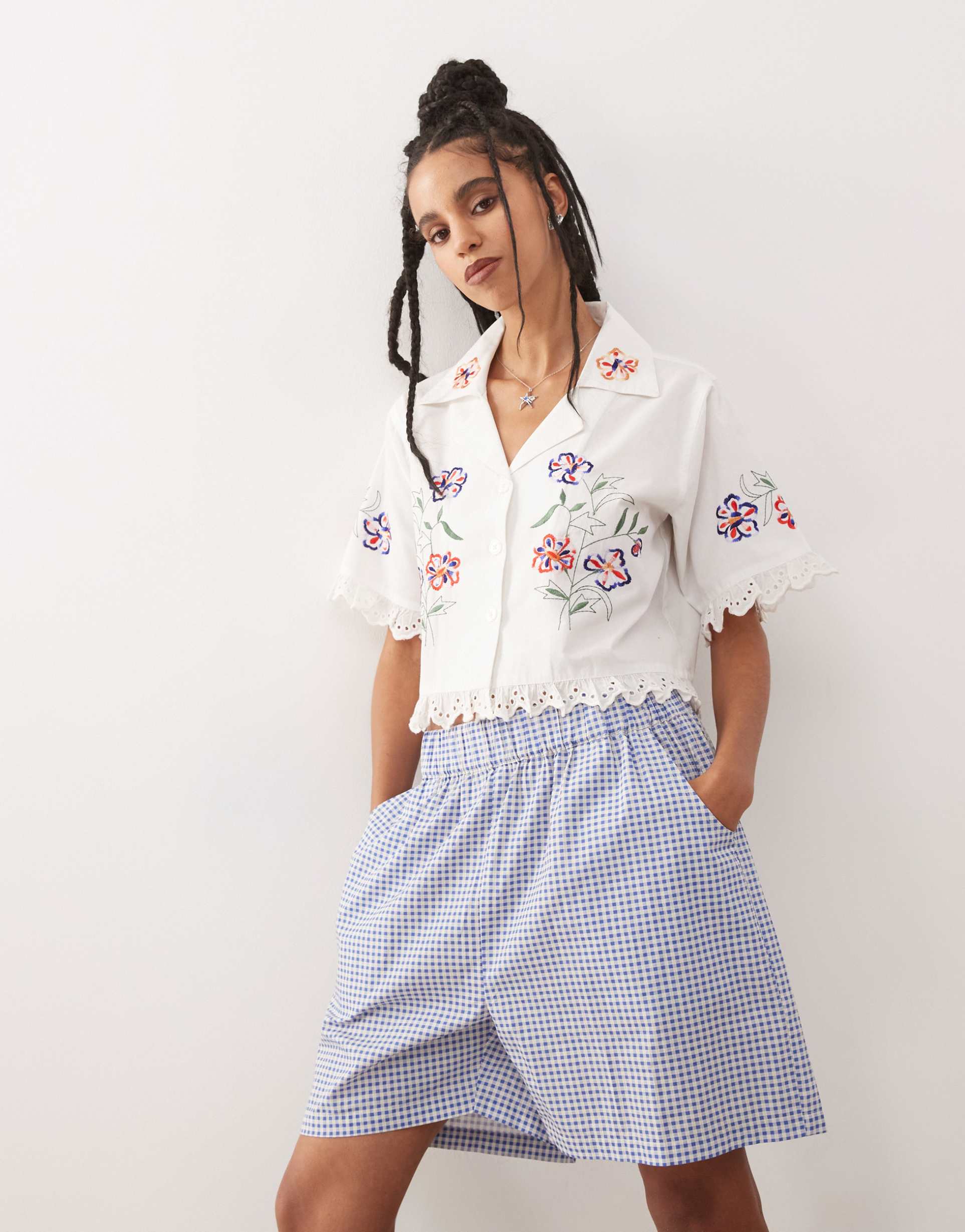reclaimed vintage short sleeve shirt with embroidery