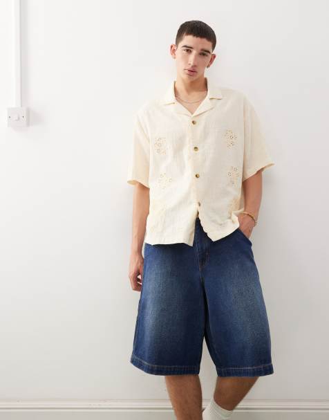 Reclaimed Vintage short sleeve shirt with floral embroidery detail in cream - view 1