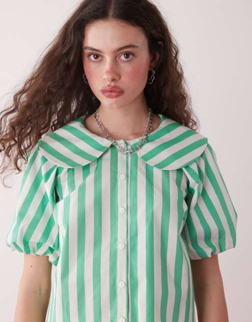 Reclaimed Vintage short sleeve shirt with peter pan collar in green deckchair stripe, 2 of 4