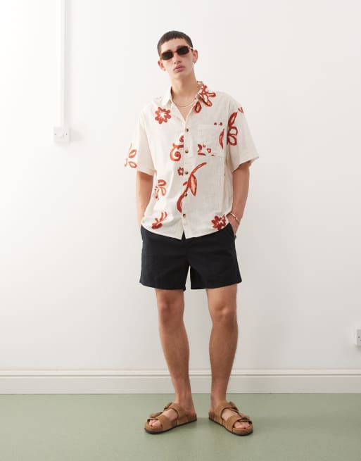Reclaimed Vintage short sleeve shirt with red floral print in ecru