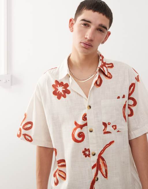 Reclaimed Vintage short sleeve shirt with red floral print in ecru