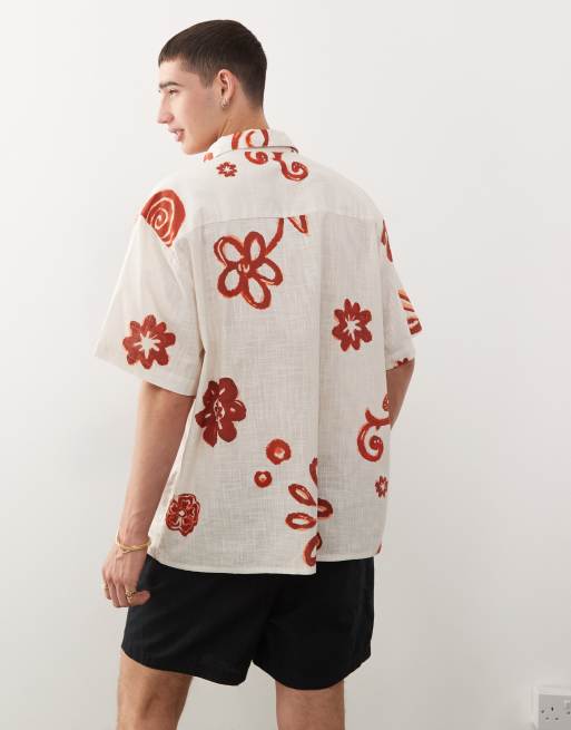 Reclaimed Vintage short sleeve shirt with red floral print in ecru
